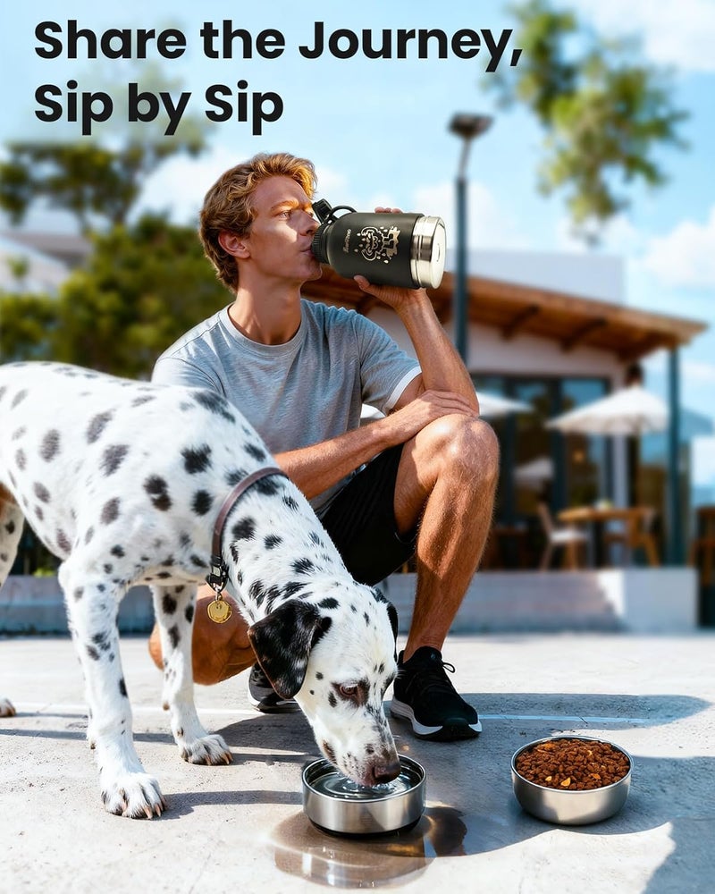 Pawccoli 34oz Dog Water Bottle, Stainless Steel Dog Water Bottle Dispenser with Detachable Food & Water Bowls, Keeps Water Hot/Cold, for Walking, Hiking, Camping(Black) - Image 5